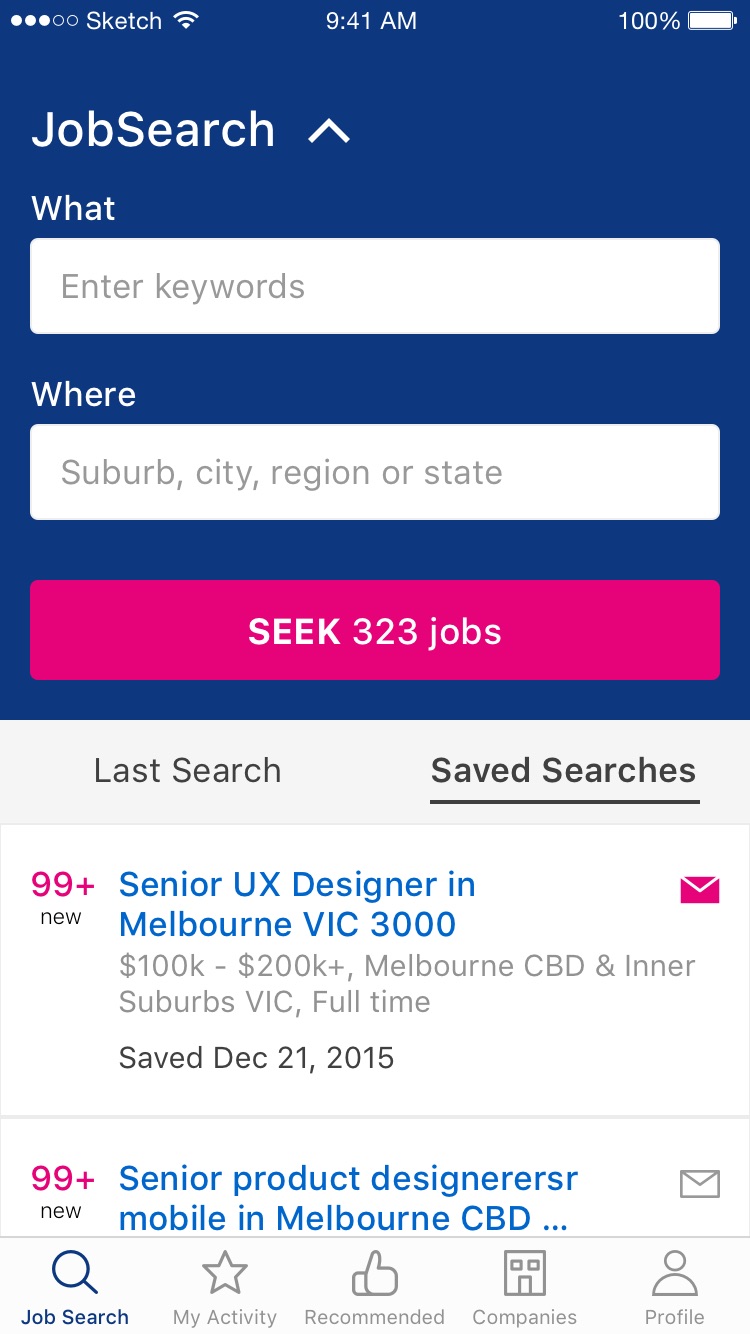 A personalised home leading with recent and saved searches, plus recommended jobs and the results feed.