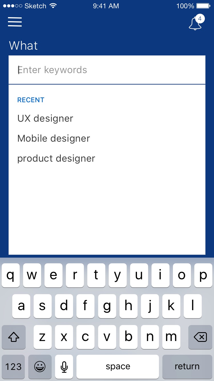 Type-ahead combining keyword and classification, with live job counts and recent searches.