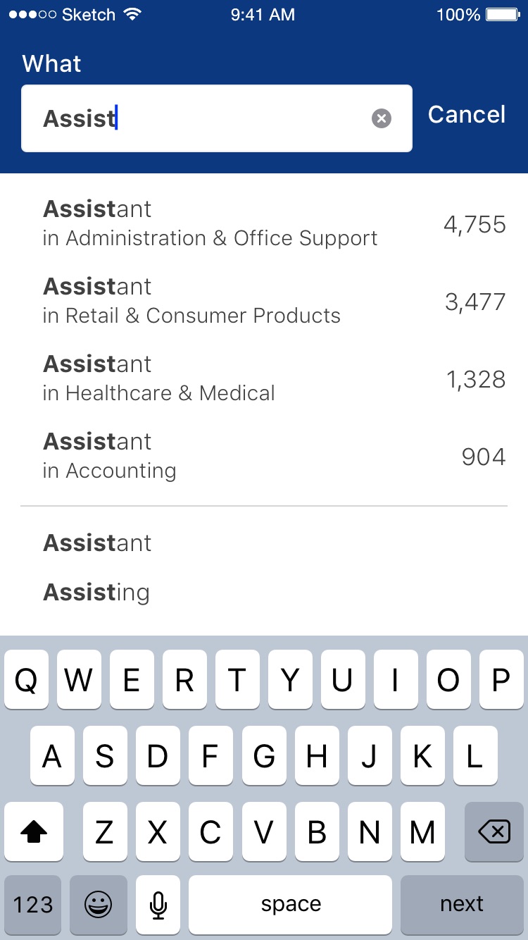 Type-ahead combining keyword and classification, with live job counts and recent searches.