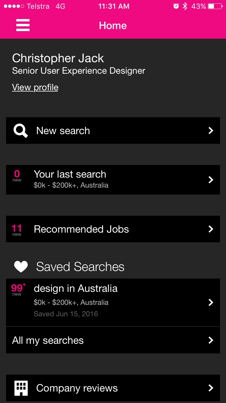 The original app. A single default résumé, a thin profile, and search buried a few levels down.