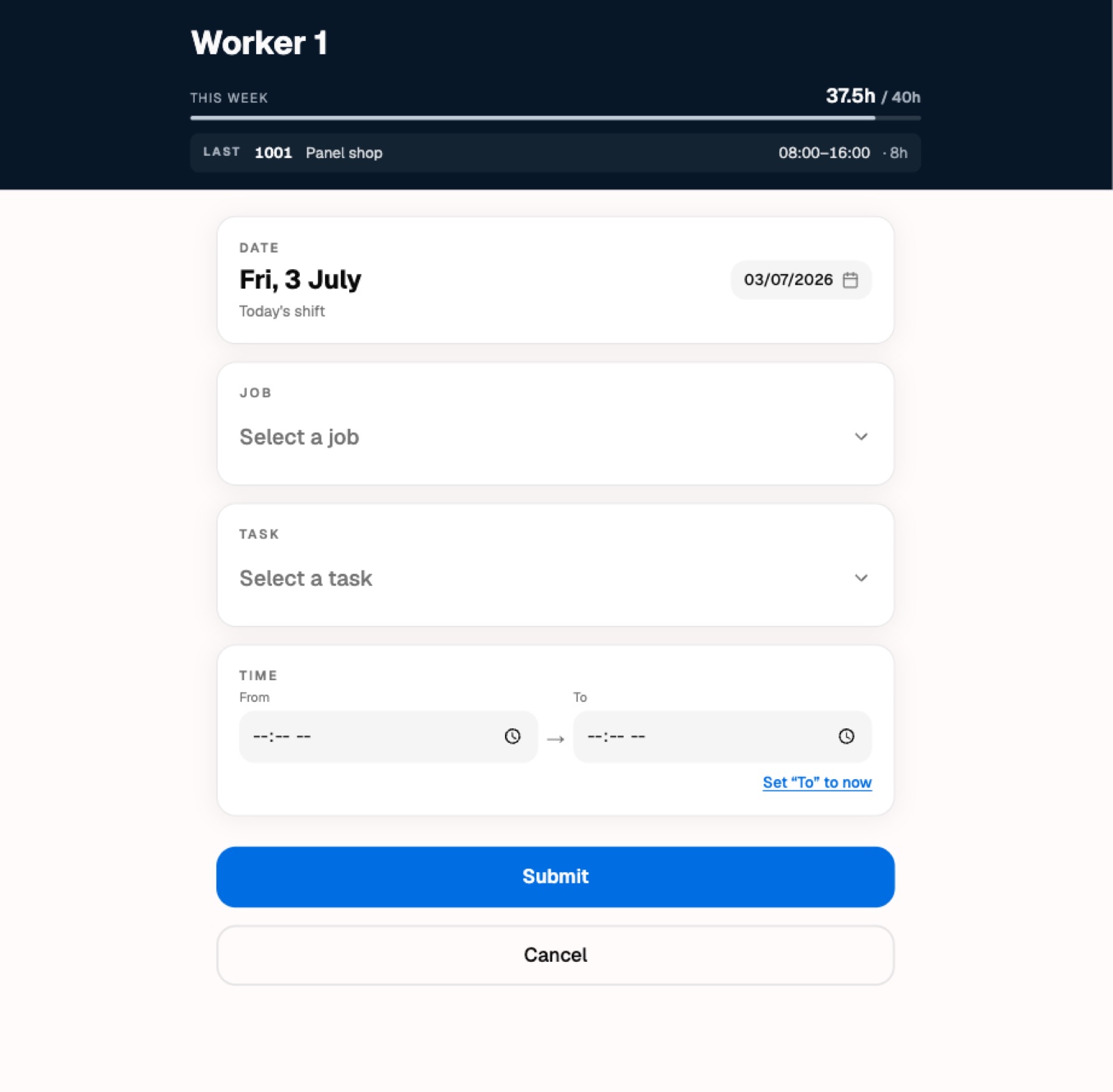 The floor tablet. Name, PIN, job, task, hours. About fifteen seconds with gloves on.