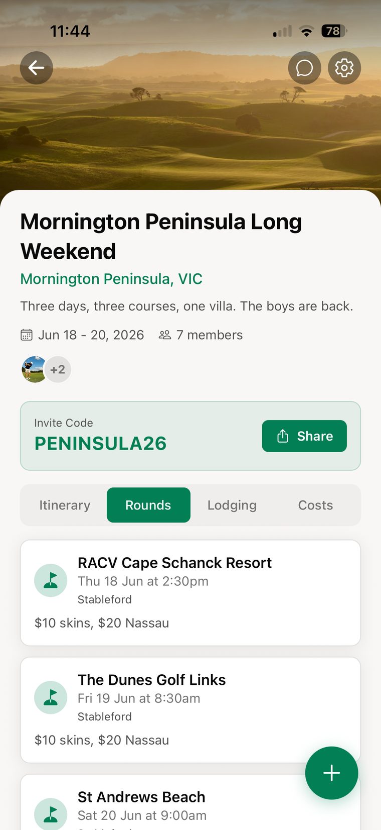 Bogey Mates on a phone. A golf trip page for a Mornington Peninsula long weekend with seven members, an invite code, and the rounds booked across three courses.
