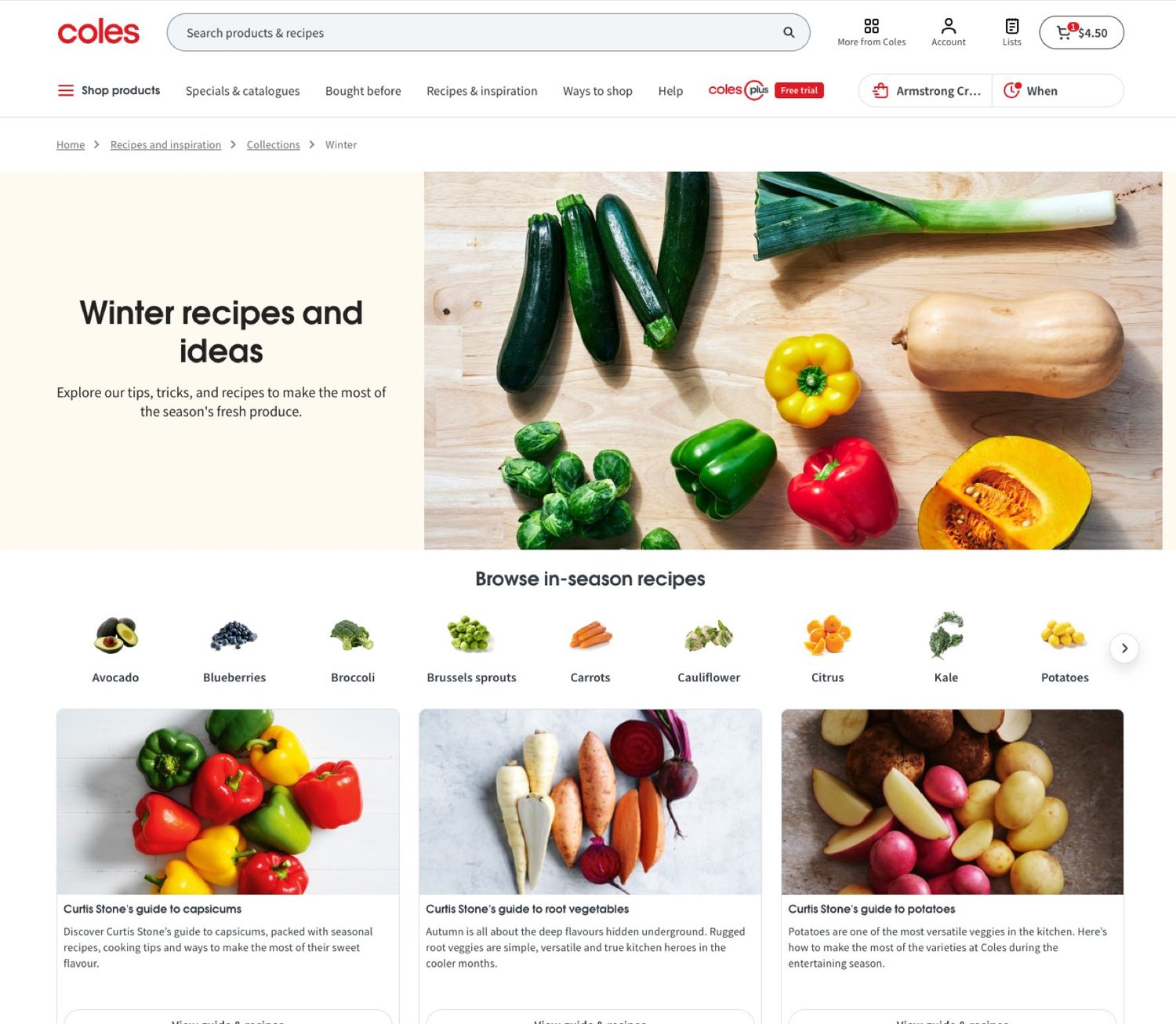 A Coles recipes and inspiration page built on the web platform, showing the seasonal collection header, an in-season produce row and recipe guide cards.