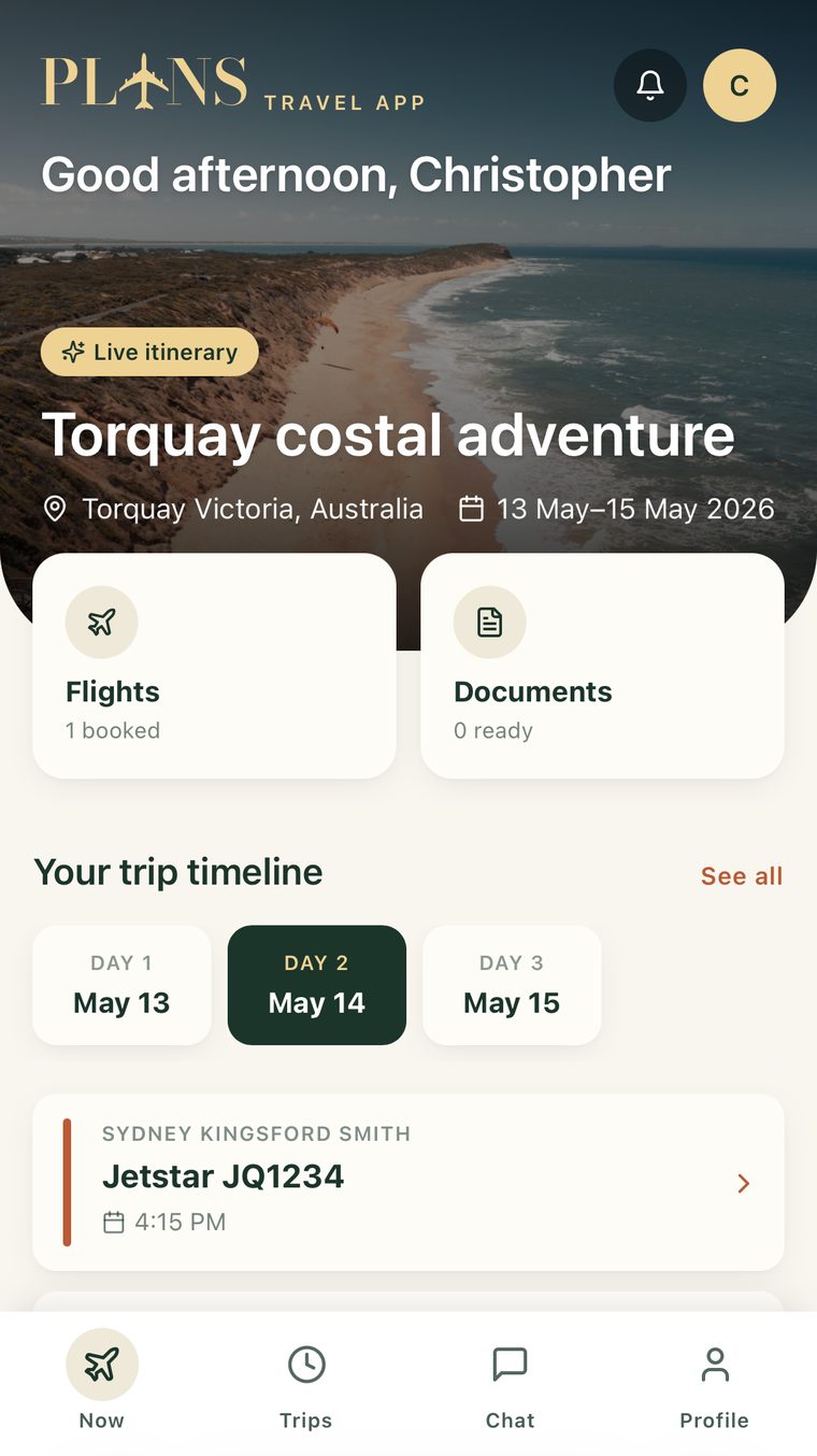 Plans on a phone. A live itinerary for a Torquay trip with the day-by-day timeline and the first flight pulled out of a confirmation email.