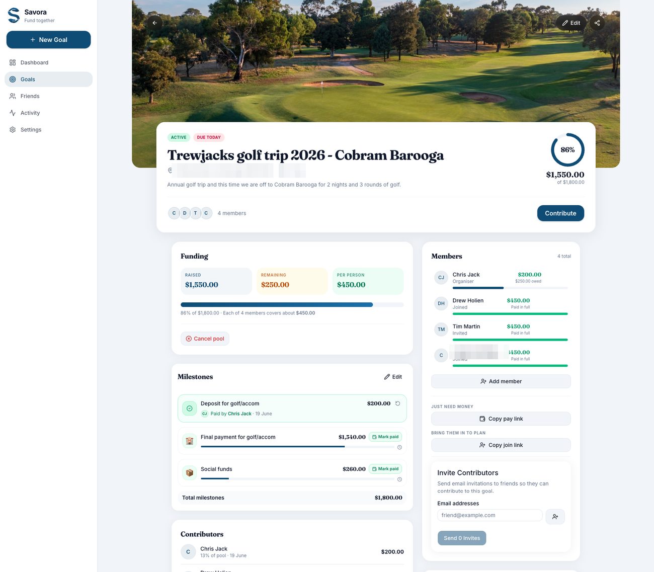 Savora goal page for a golf trip. The pool sits at 86% funded, $1,550 of $1,800, with a funding breakdown of raised, remaining and per person, milestone payments, and a members panel showing who has paid in full and who still owes.